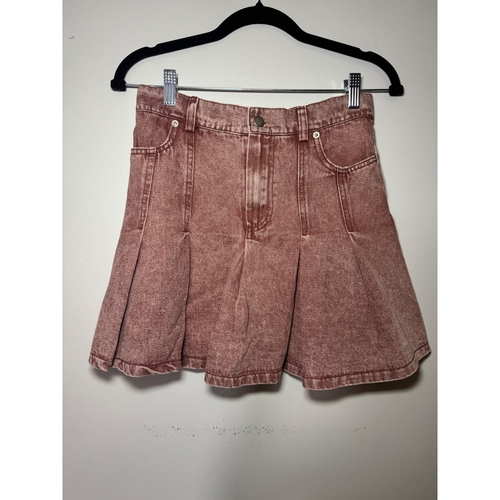 New In Mauve Acid Wash Denim Pleated Mini Skirt Pink Boho Style NS50057 Womens S